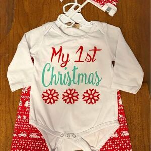 1st Christmas Outfit Pants and Top With Hat Infants Boy Girl Size 12 Months